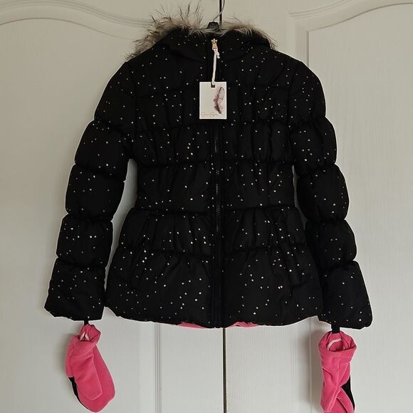 Jessica Simpson Girls Puffy Winter Coat With Faux Fur Hood & Mittens 10/12 Black - Picture 6 of 16